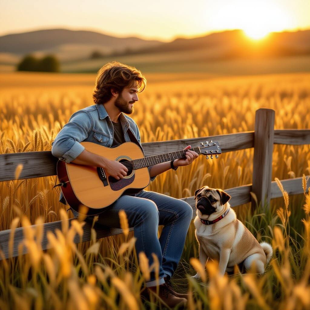 Man Playing Guitar with Pug in Golden Sunset Field