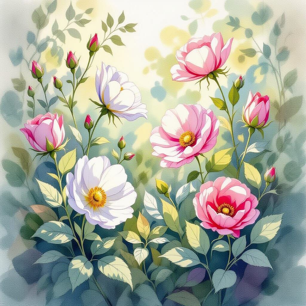 Vibrant Watercolor Flora in Pen and Ink Sketch