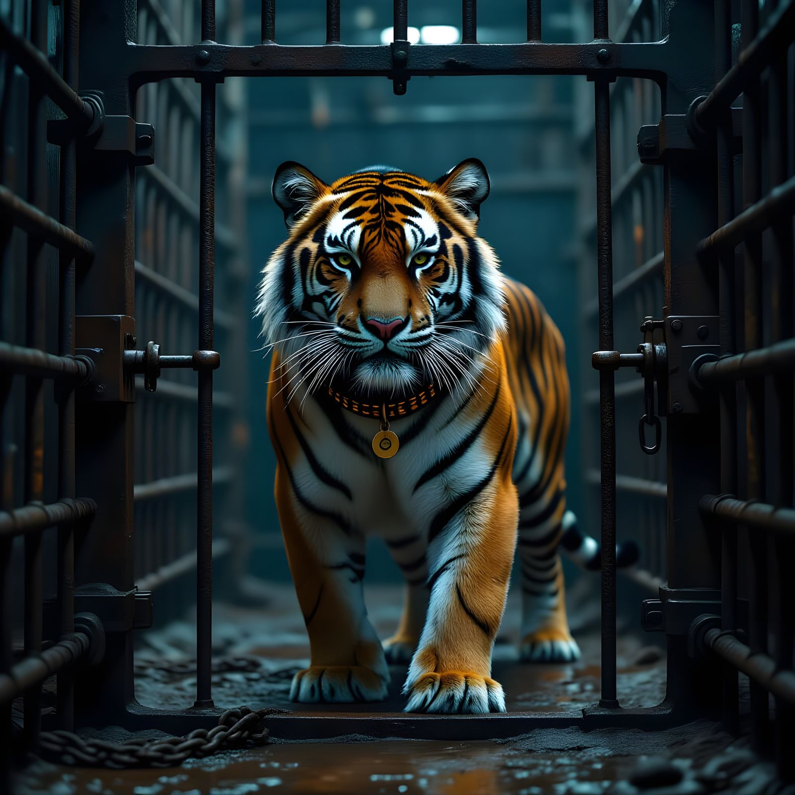 Majestic Tiger in Cage with Chains: Cinematic Realism