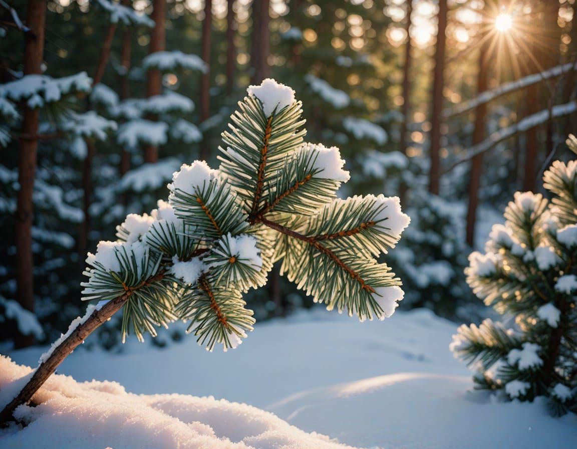 Snowy Pine Branch in Warm Golden Light