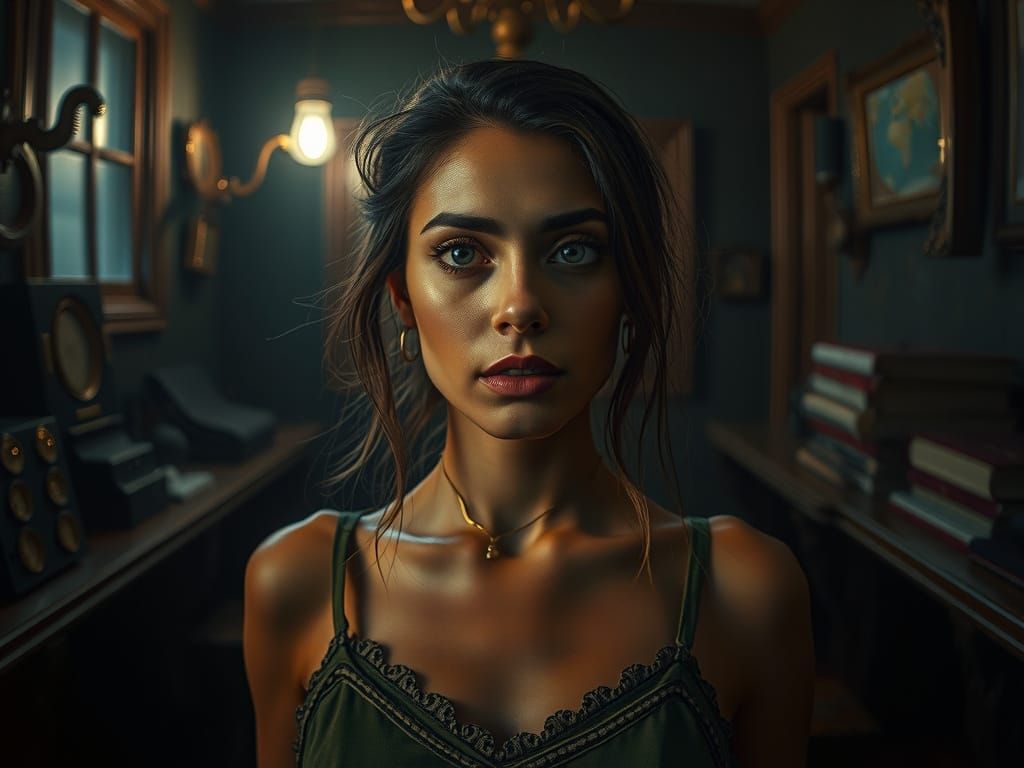 Hyperrealistic Woman in Dimly Lit Atmospheric Room