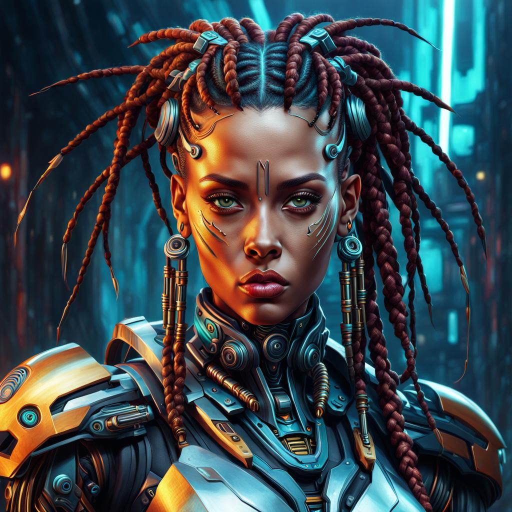 Beautiful Cyborg with Dreads as Digital Oil Painting