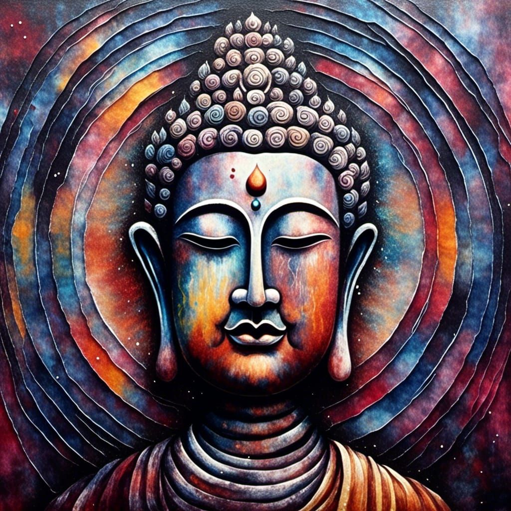 Meditative Face in Watercolour with Impasto Swirls