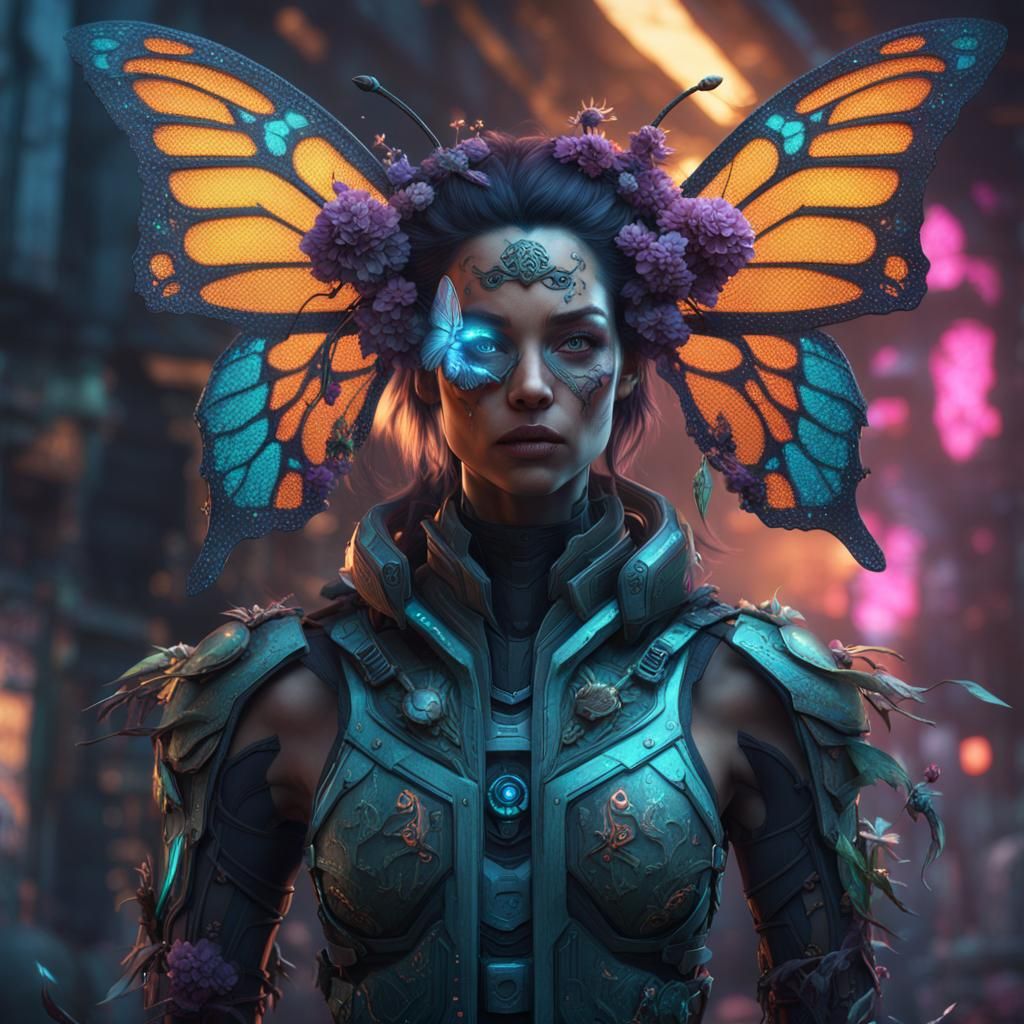 Cyberpunk Butterfly Assassin in Detailed Matte Painting