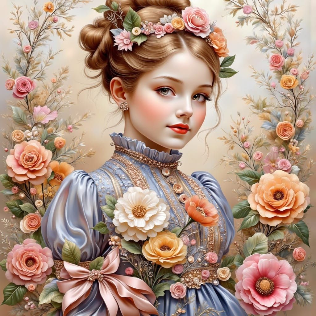 Cute Girl with Button Flowers in a Textured Dress