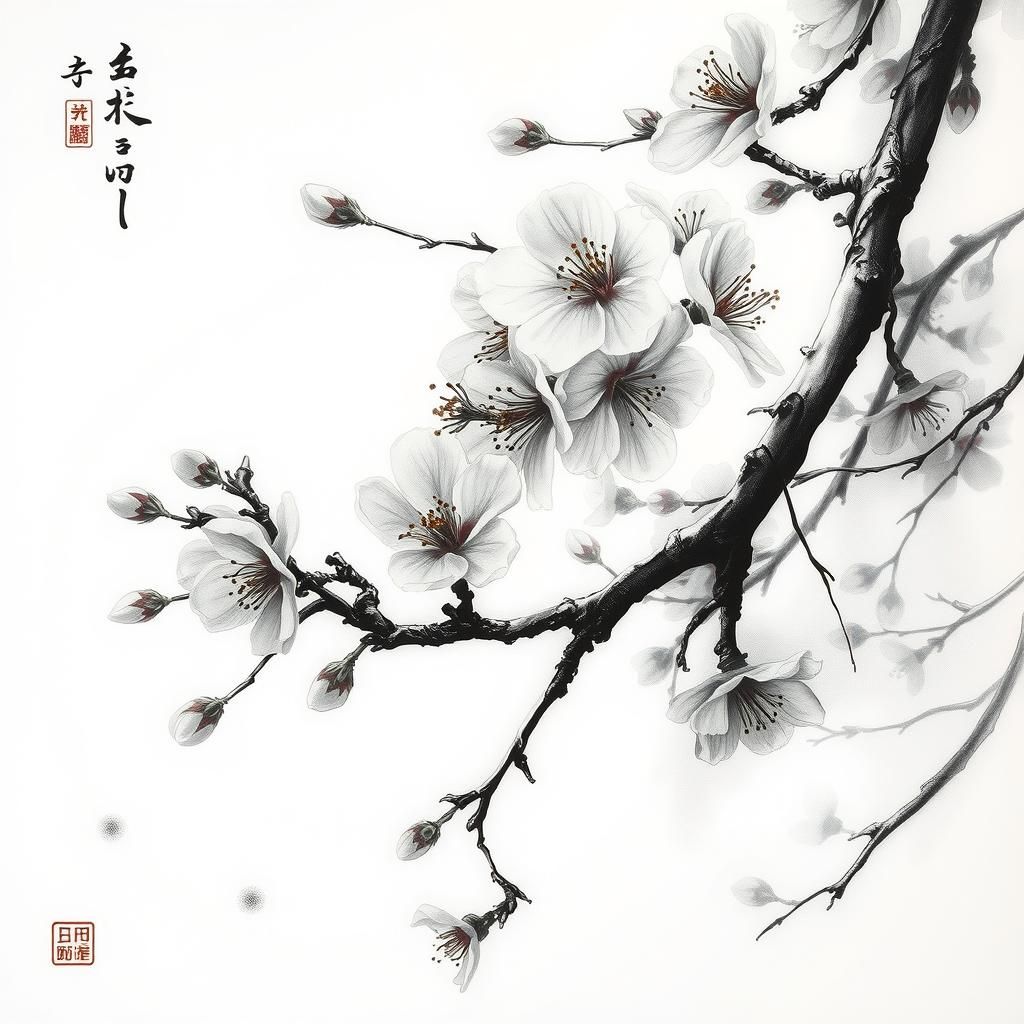 Hyperdetailed Charcoal Cherry Blossom in Chinese Ink Style