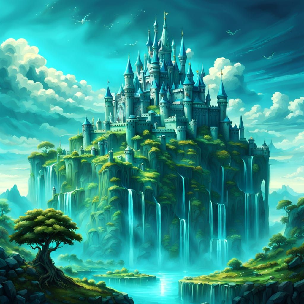 Ethereal Paradise Castle in Vibrant Cyan and Turquoise