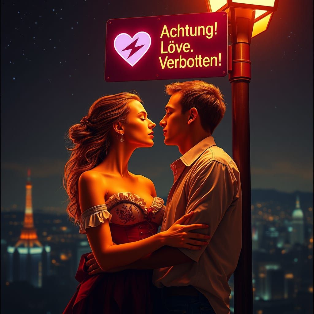 Lovers Kiss Under Cyberpunk Sign