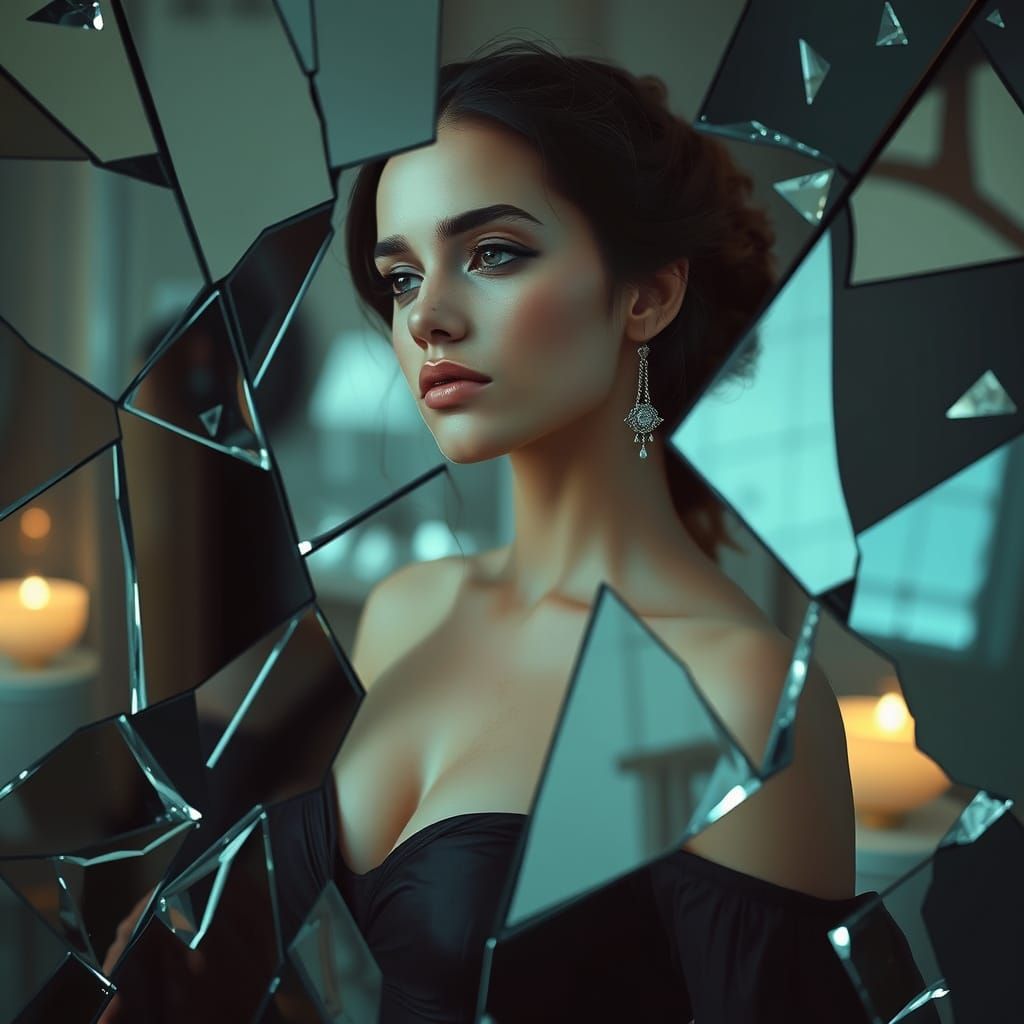 Fragmented Reflection: Woman in Broken Mirror Shards