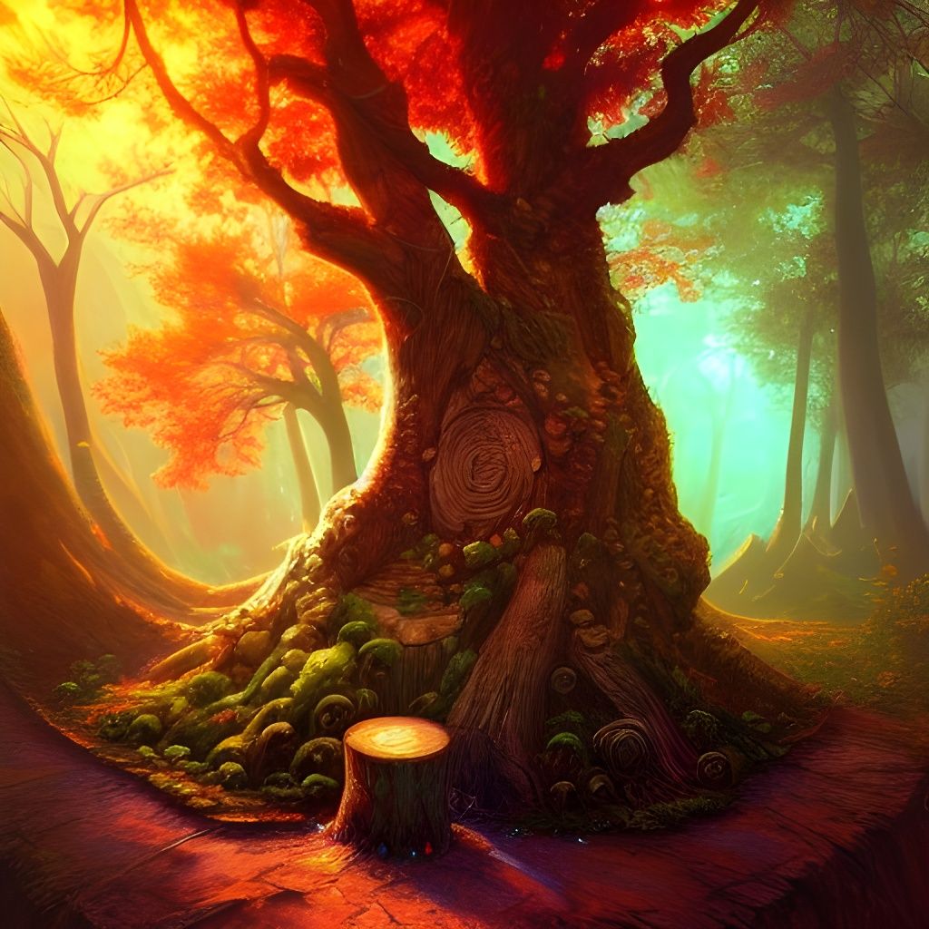 Magical Glowing Tree Stump Fantasy Oil Painting
