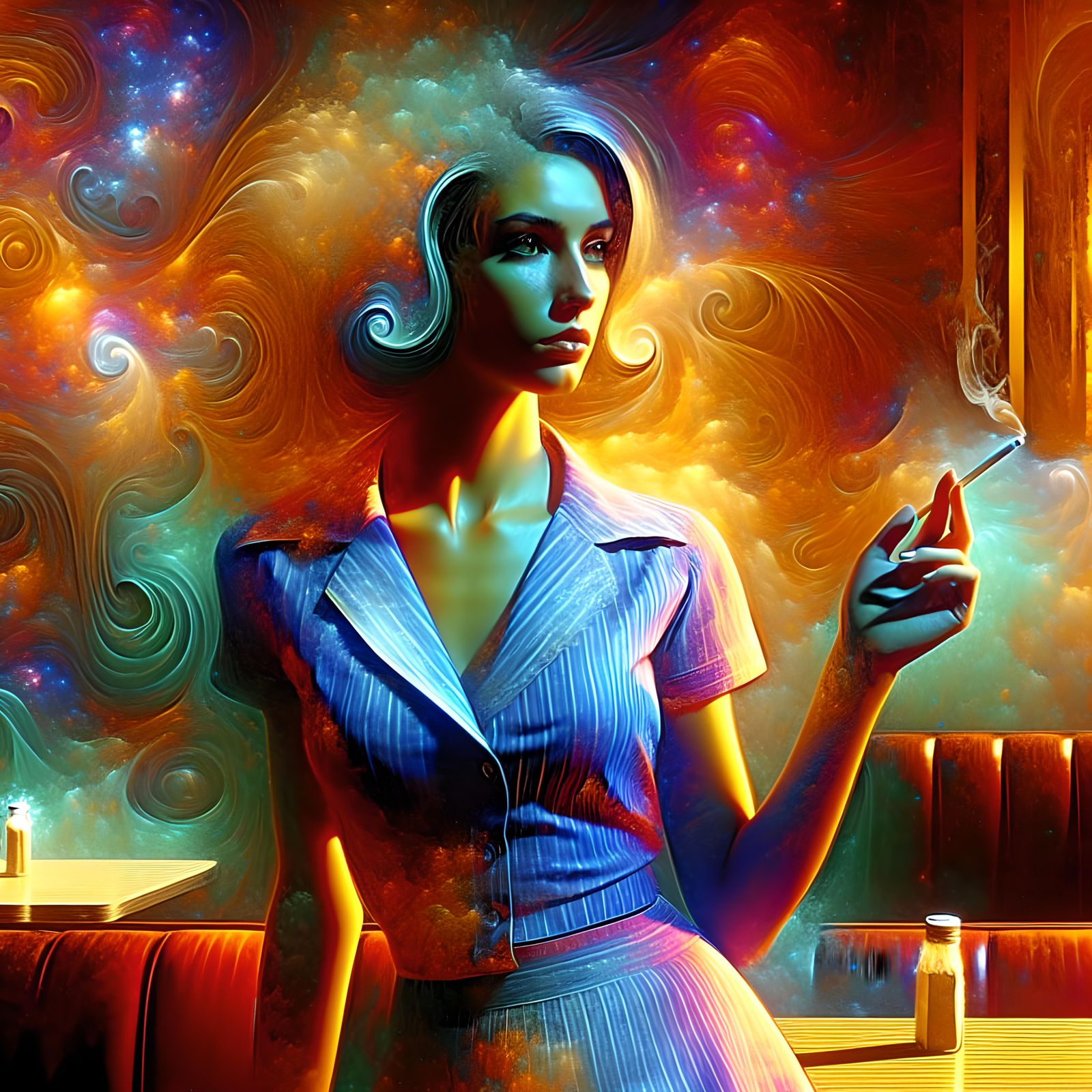 Retro Diner Waitress Portrait in Surreal Mixed Media Style