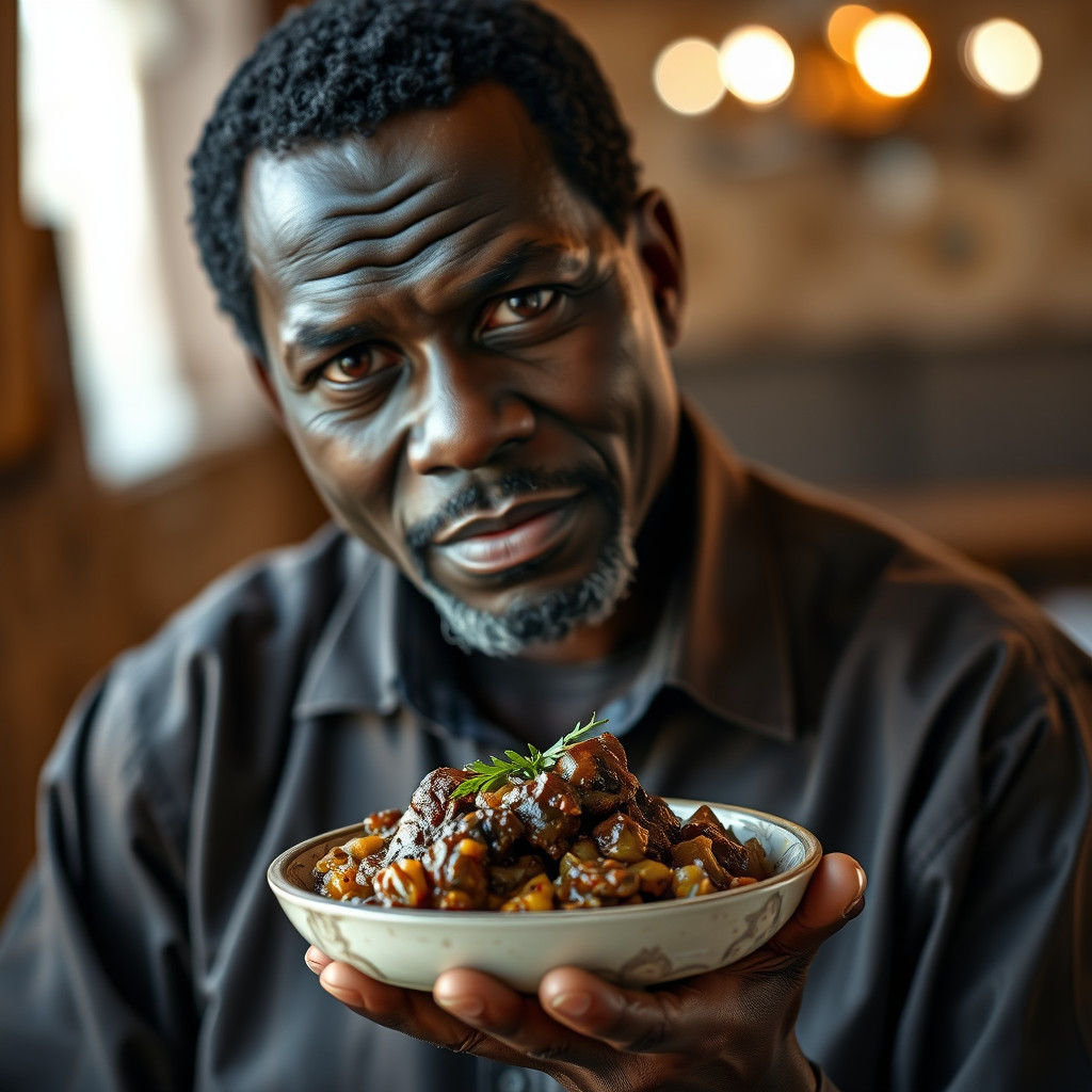 Man Poses with Foutou Sauce Graine Dish