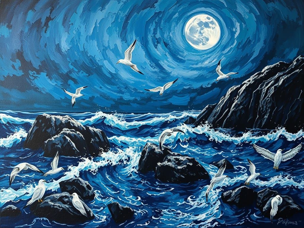 Stormy Seashore with Moonlit Seagulls in Impasto Style