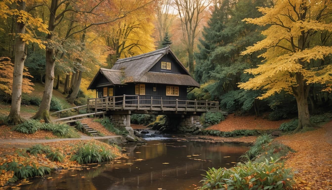 Autumn Forest Stream with Cottage: Idyllic Landscape