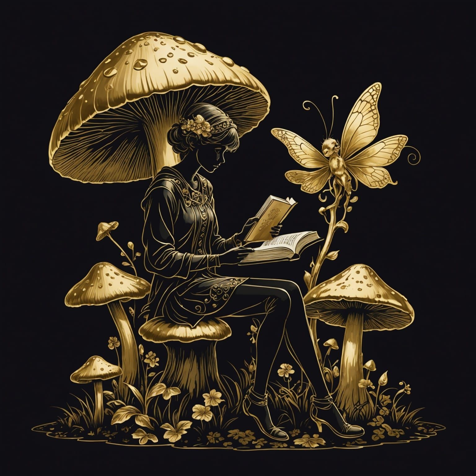 Fairy Reading on Mushroom Silhouette with Gold Foil