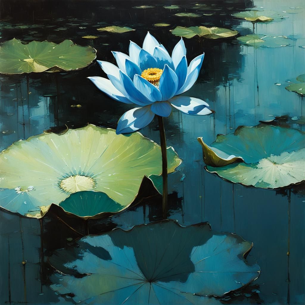 Blue Lotus Flower Reflecting Sunlight, Urban Impressionism