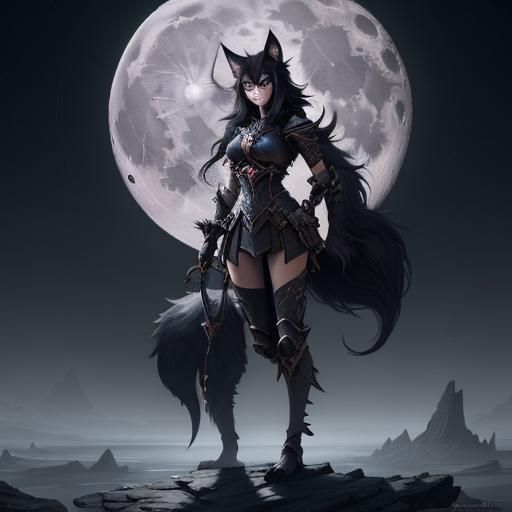 Mystical Wolf Girl in Moonlight: Detailed Matte Painting