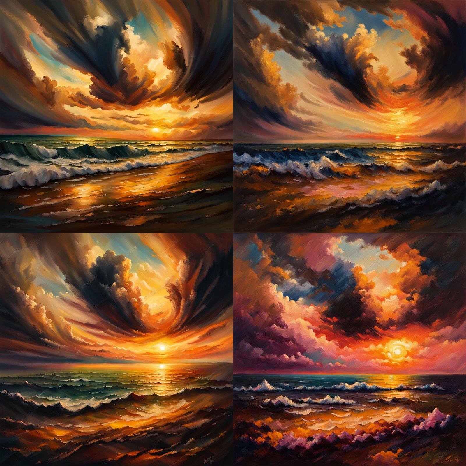 Coastal Sunset with Rolling Clouds: Painterly Landscape