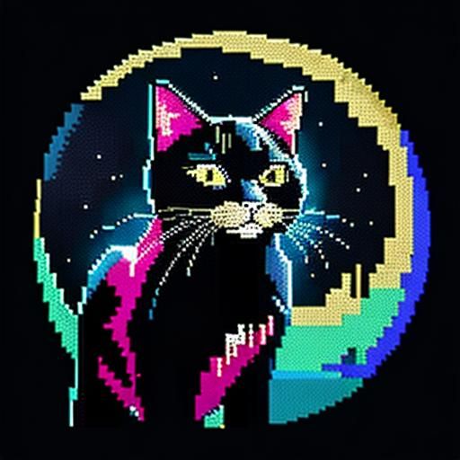 Elaborate, Vibrant 248bit Pixel style art.A beautiful  black cat  looking at the moon and wishing on a falling,sparkling...
