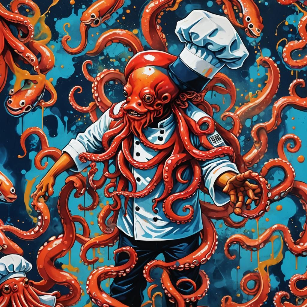 Octopus Chef Creates Salmon Nigiri in Graffiti Art