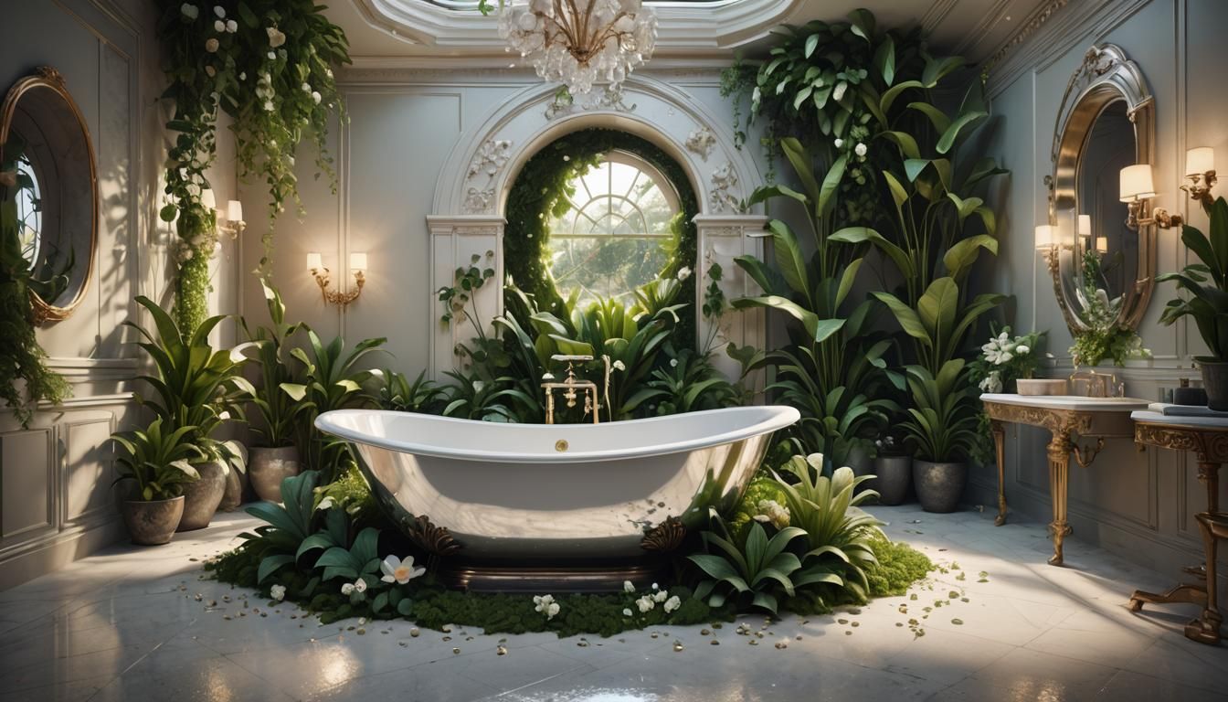 Clam Shell Bathtub in Luxurious Bathroom, Matte Painting