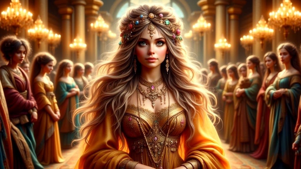 Whimsical Queen in Shimmering Gold Gown