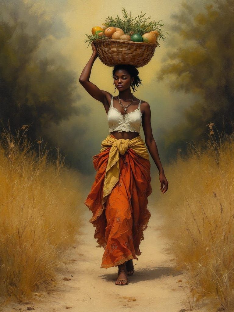 African Woman with Basket on Head on Dusty Road