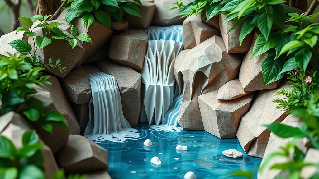 Serene Origami Waterfall in Impressionist Style