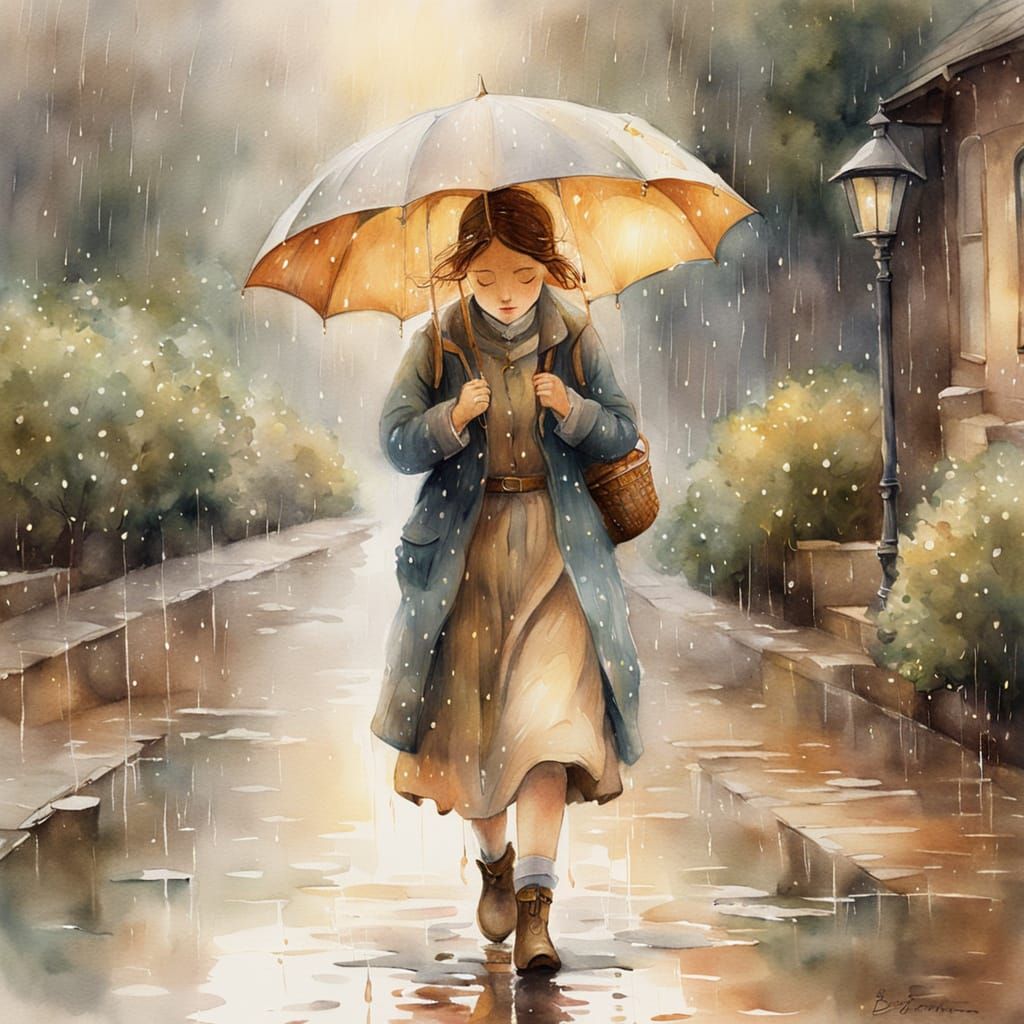 Girl Sips in Rain as Watercolor Painting