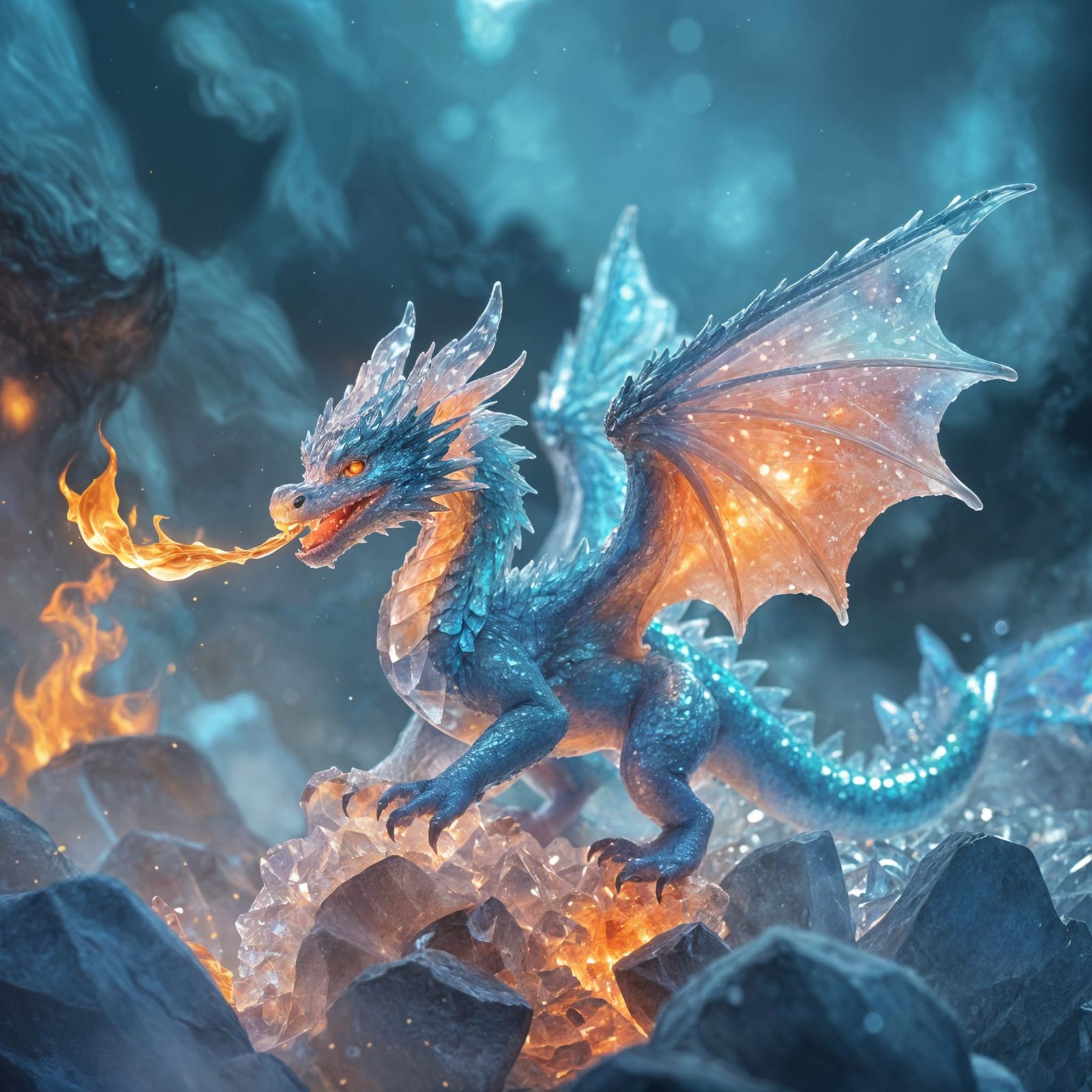 Light Blue Crystal Dragon with Orange Flames