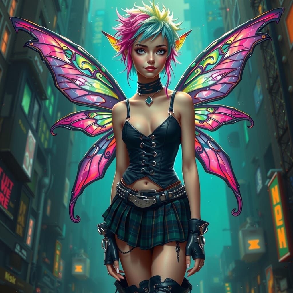 Cyberpunk Fairy in Vibrant Colors with Neon Wings
