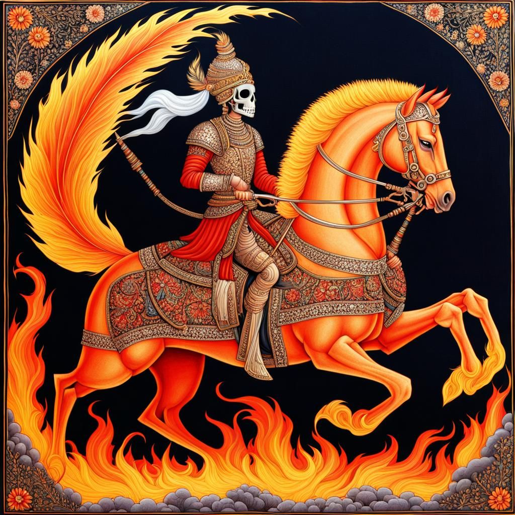 Flaming Skeleton Warrior on Horse in Mughal Art Style