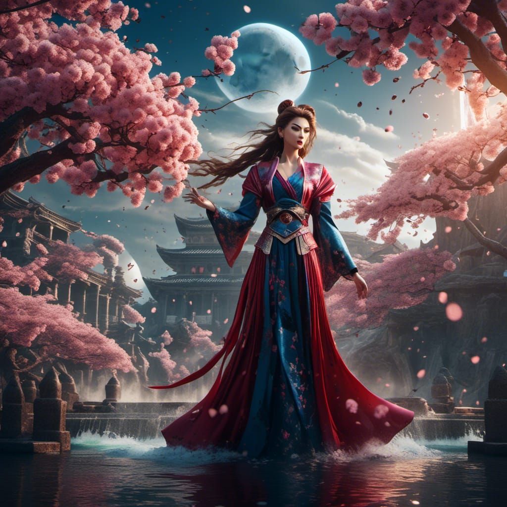 <lora:Experiment 2:1.0> Woman, Sorcery, temptation, evil, mischief, flowing gown, moon, cherry blossoms, fountain