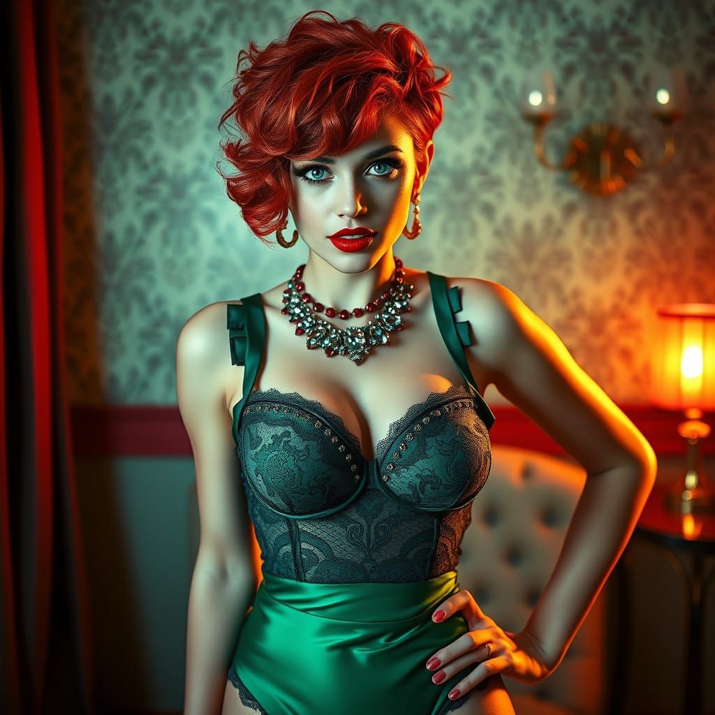 Sultry Pin-Up Model in Ruby and Emerald Luxury