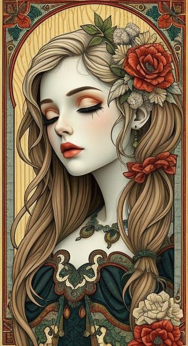 Art Nouveau Punk Porcelain Woman in Mixed Media