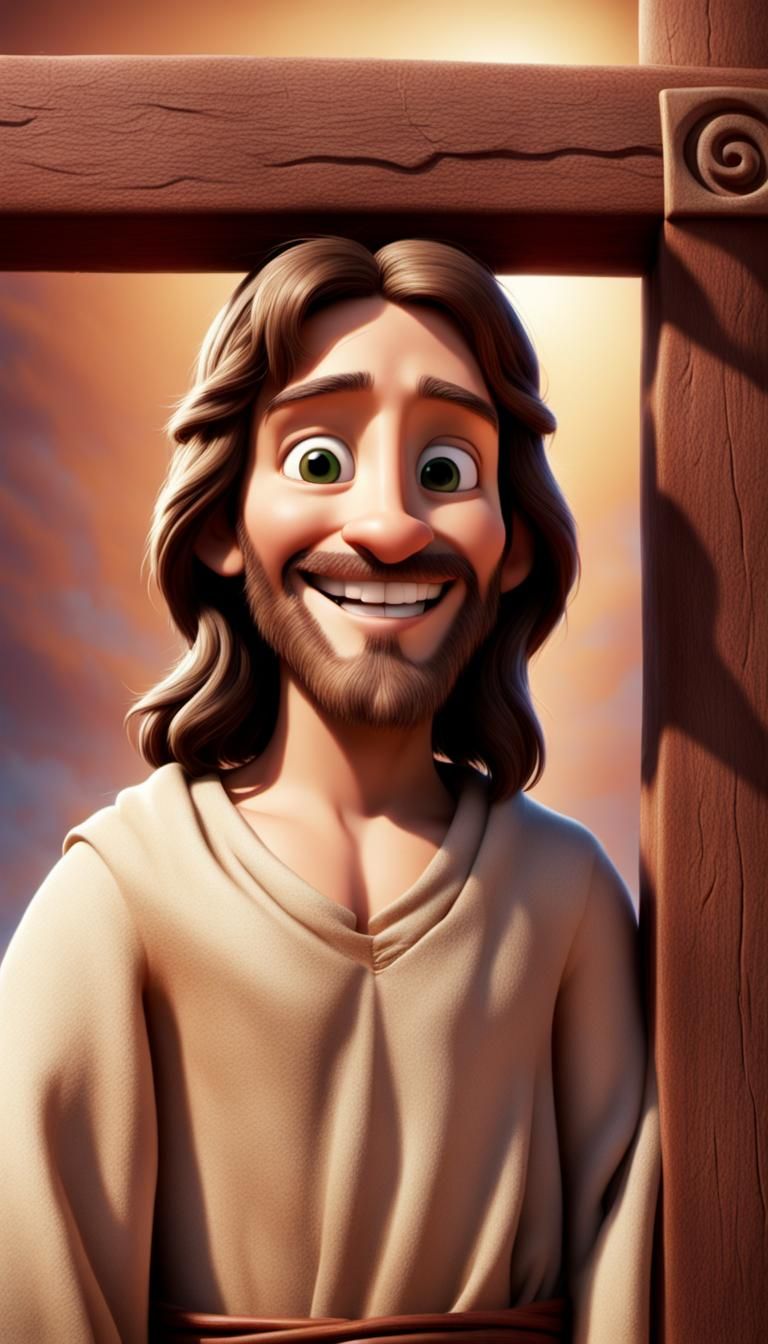 Smiling Jesus on the Cross: Disney Pixar CGI