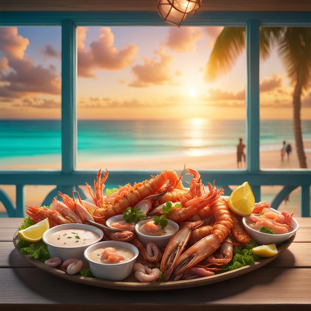 Photorealistic Seafood Platter at Sunset Restaurant