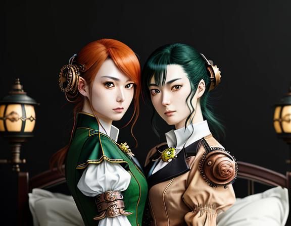 Steampunk Twin Sisters Kiss in Anime Manga Style