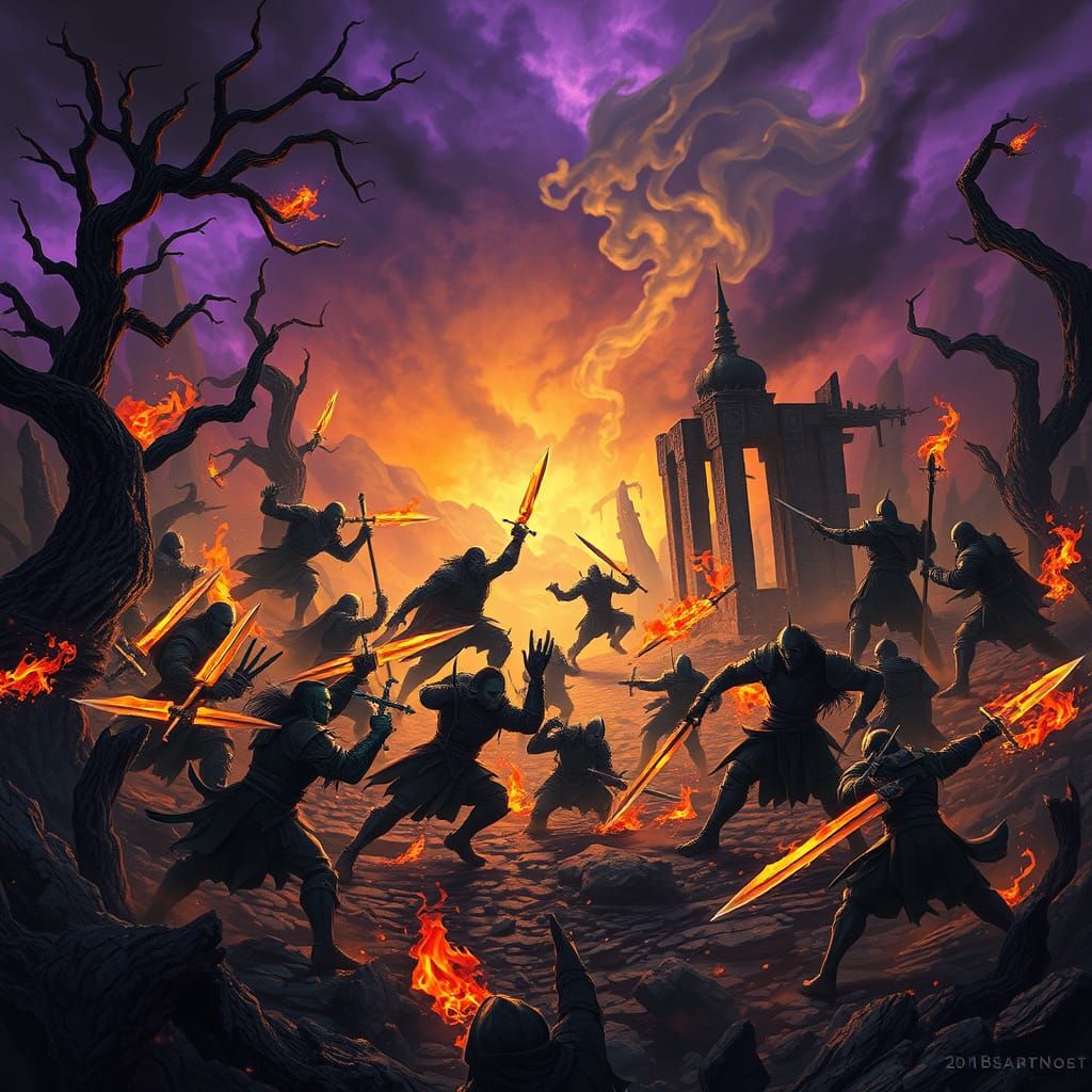 Dark Fantasy Battle in a Ravaged Realm