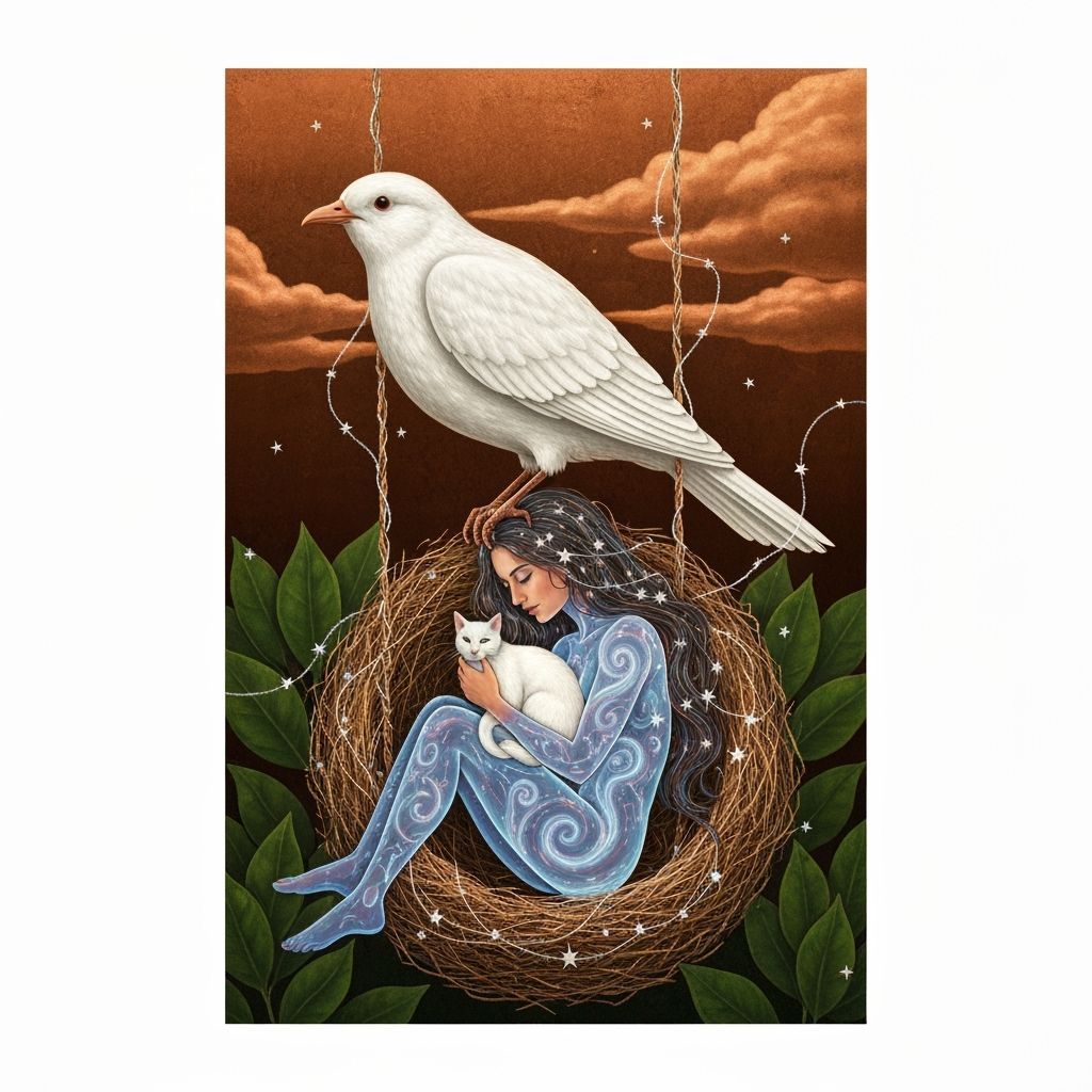 Ethereal Woman and Cat Beneath Giant Bird in Cosmic Nest