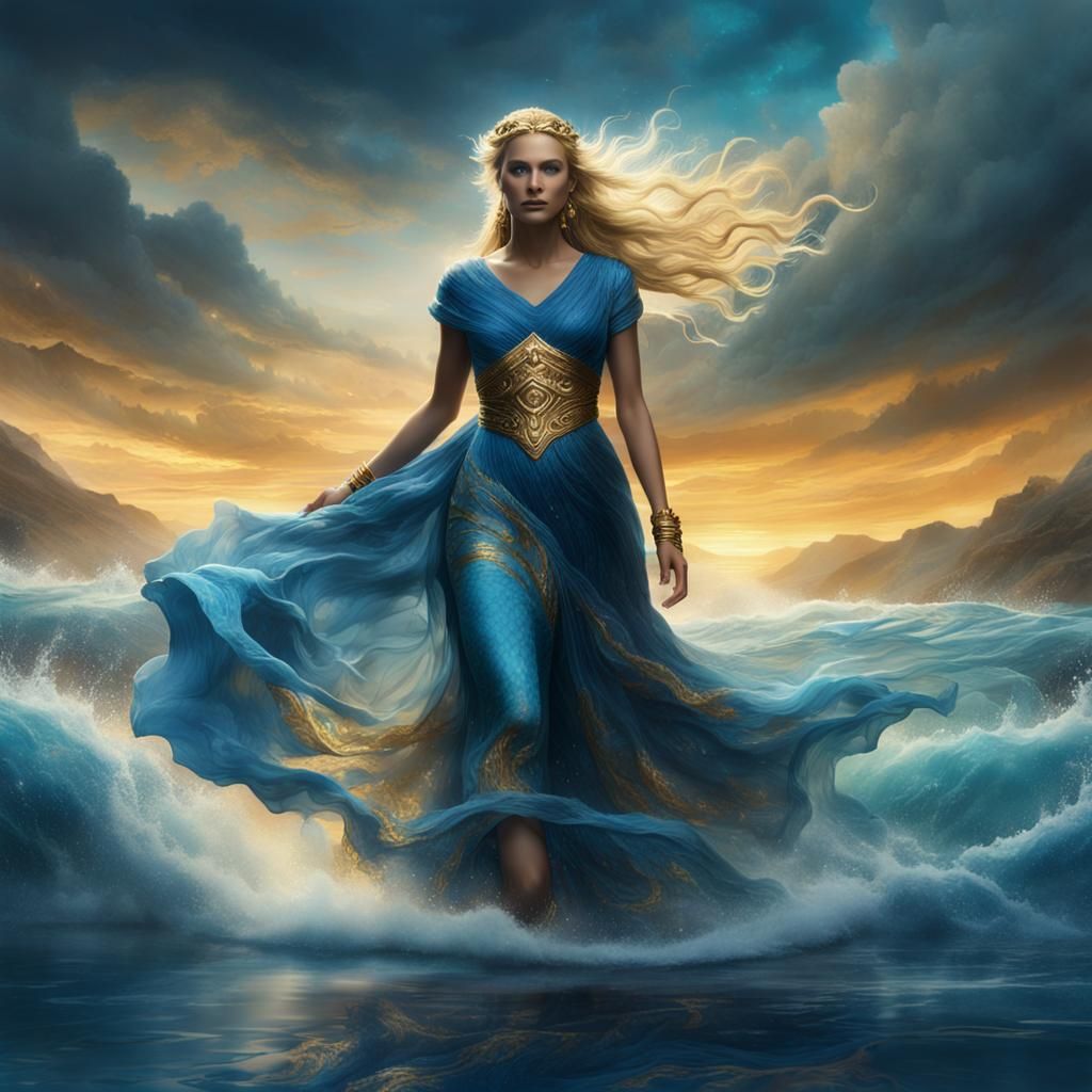 Ethereal Goddess of Water Walks on Water in Vibrant Digital...