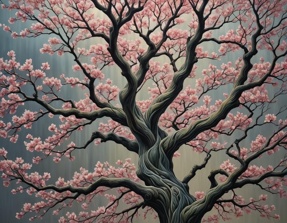 Sakura Tree in Hyperrealistic Action Painting