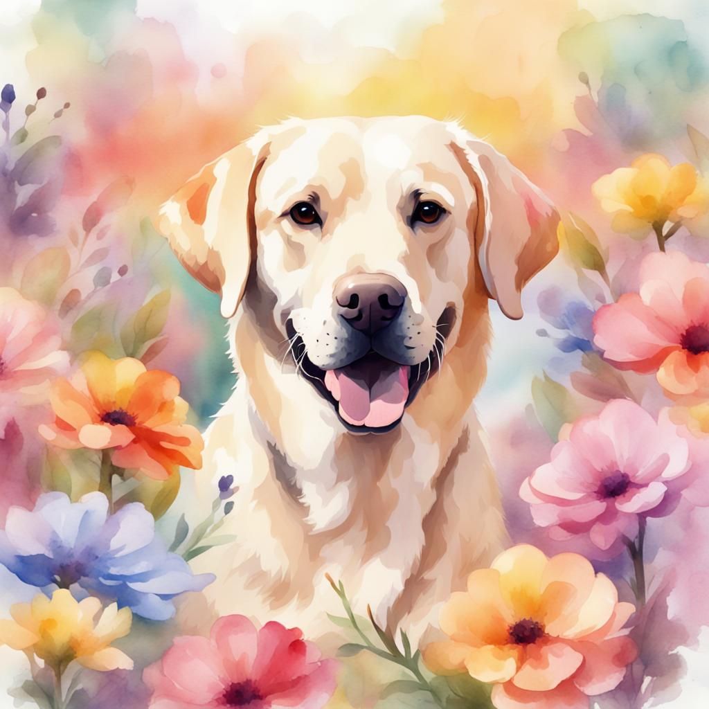 Watercolor Labrador Retriever with Pastel Floral Background