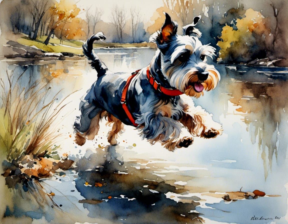 Happy Mini-Schnauzer Runs Beside Lake: Watercolor Style