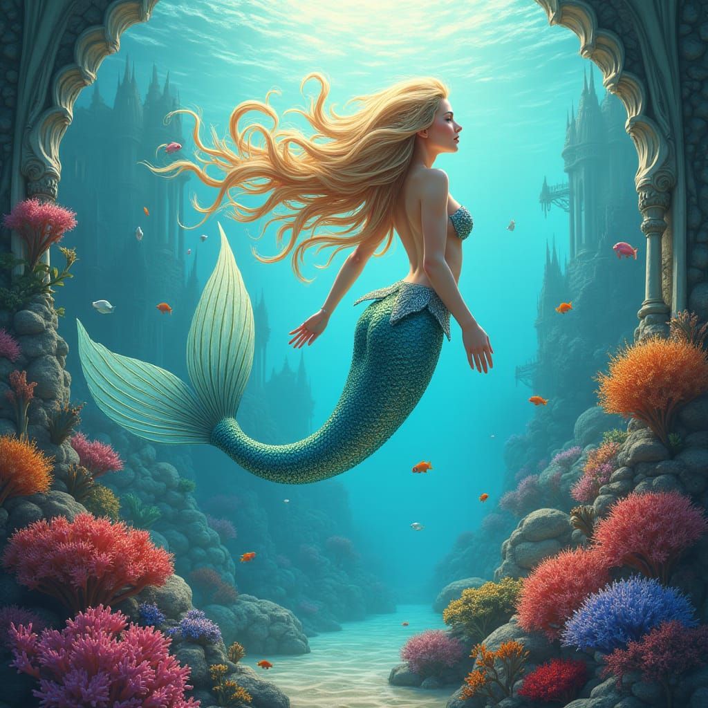 Mermaid in Coral Reef with Castle