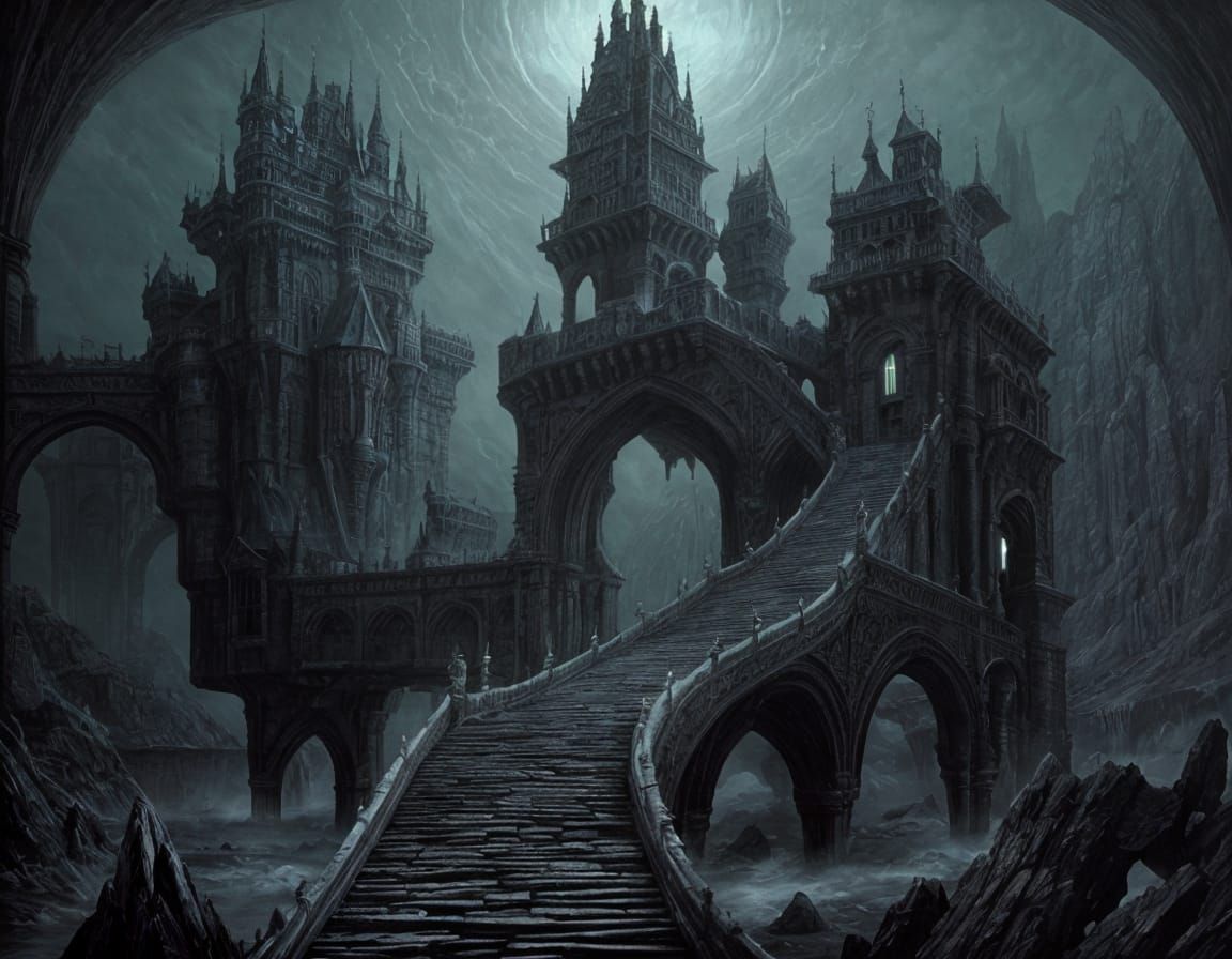 Surreal Castle Landscape in Dark, Twisted Style