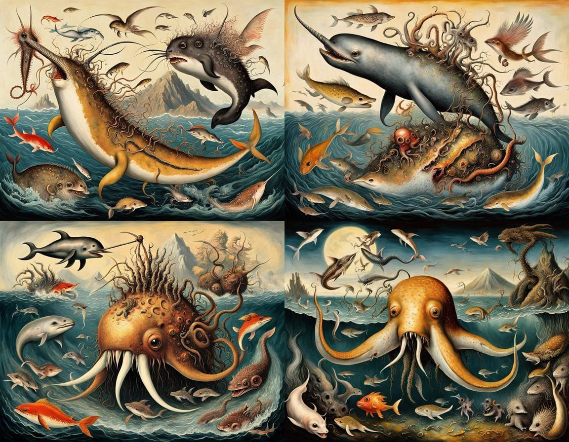 Surreal Ocean of Mutant Creatures in Romantic Style