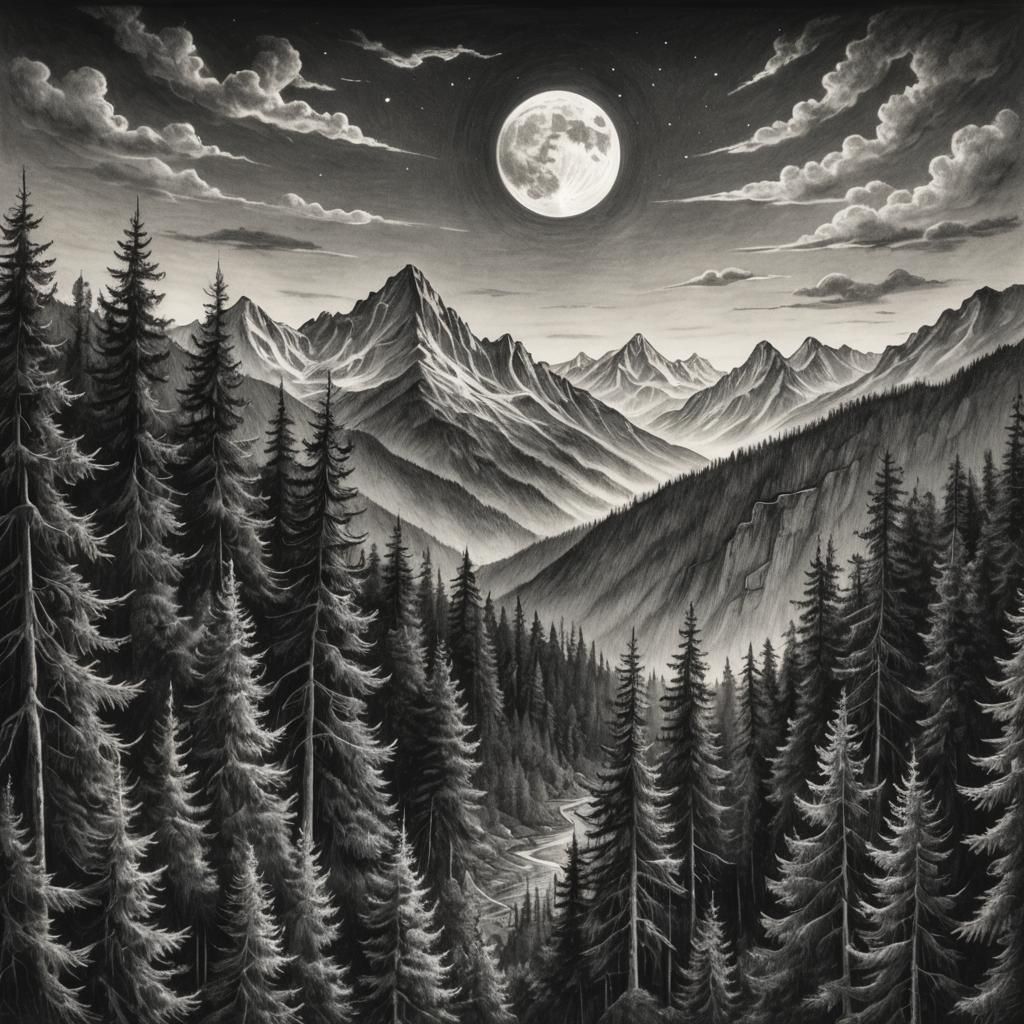 Hyperdetailed Charcoal Drawing of Forest at Night