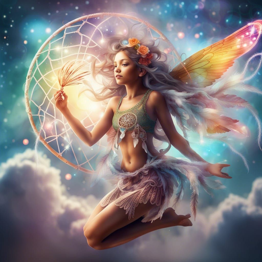 Flying Fairy with Dreamcatcher in Hyperreal Detail