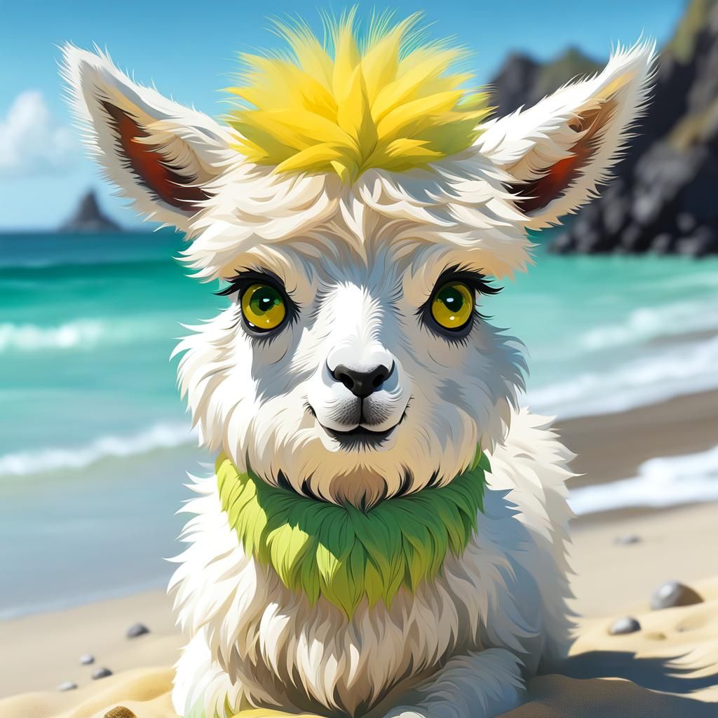 Chibi Llama on Pastel Beach, Detailed Digital Art